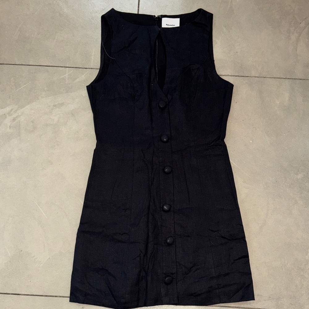 Reformation Black Button-Down linen mini dress
